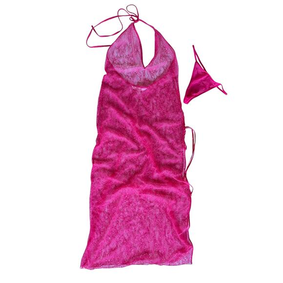 Sm Y2K VTG Victorias Secret Hot Pink Sheer Lace-Up Halter Maxi Dress Thong Sexy - Picture 1 of 7